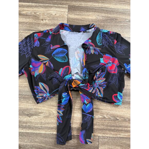 IMAN CASUAL BLACK FLORAL TIE FRONT CROPPED TOP LONG SLEEVE COLLARED WOMENS XLP - Picture 2 of 9
